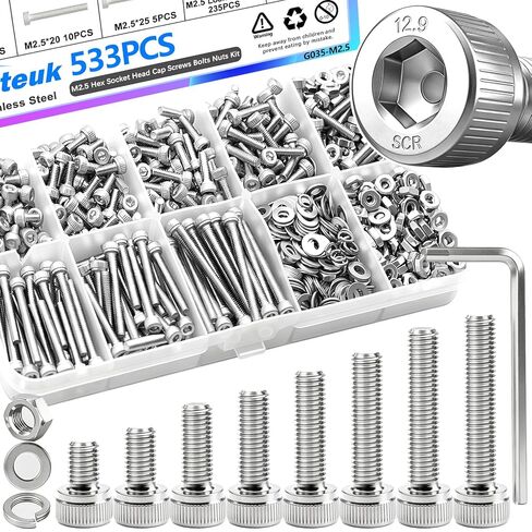 mxuteuk 480PCS M2.5 Screw Assortment Set,M2.5 x 4/6/8/10/12/16/20/25mm Hex Socket Head Cap Screws Bolts Nuts Kit,304 Stainless Steel Assorted Screws with Hex Wrench G035-M2.5 in Saudi Arabia