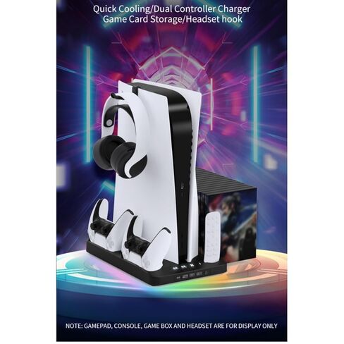محطة تبريد لأقراص Ps5/Slim/Pro ومنظم حامل رأسي رقمي لـ Playstation 5 مع شاحن وحدة تحكم مزدوج، 16 فتحة ألعاب، 7 Rgb، 3 مروحة تبريد على مستوى، 3 منافذ USB، سماعة رأس وحامل جهاز تحكم عن بعد (أسود غير لامع) in Kuwait