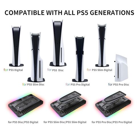 محطة تبريد لأقراص Ps5/Slim/Pro ومنظم حامل رأسي رقمي لـ Playstation 5 مع شاحن وحدة تحكم مزدوج، 16 فتحة ألعاب، 7 Rgb، 3 مروحة تبريد على مستوى، 3 منافذ USB، سماعة رأس وحامل جهاز تحكم عن بعد (أسود غير لامع) in Kuwait