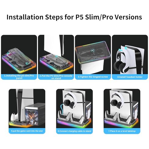 محطة تبريد لأقراص Ps5/Slim/Pro ومنظم حامل رأسي رقمي لـ Playstation 5 مع شاحن وحدة تحكم مزدوج، 16 فتحة ألعاب، 7 Rgb، 3 مروحة تبريد على مستوى، 3 منافذ USB، سماعة رأس وحامل جهاز تحكم عن بعد (أسود غير لامع) in Kuwait