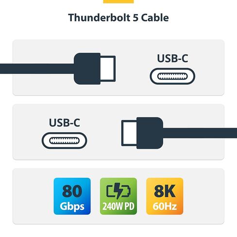StarTech.com 3ft (1m) Thunderbolt 5 Cable, 80Gbps/120Gbps, 240W PD, 8K 60Hz, Thunderbolt Certified, TB5/TB4/USB4/USB-C - White in Saudi Arabia