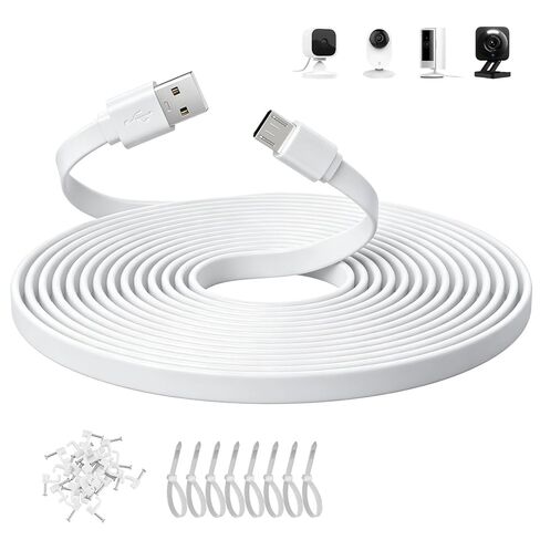 30ft Flat Micro USB Extension Cable, USB to Micro Long Charging Power Cord for Security Camera, Wyze Cam v4/v3/Pan v3/OG/v3 Pro, Blink Mini, Ring Indoor, Kasa Indoor, Arlo, Eufy-White (Not Type-C) in Saudi Arabia