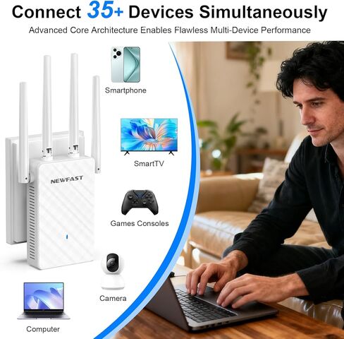 NEWFAST 2026 WiFi Extenders Signal Booster RE516، موسع نطاق WiFi، مكرر لاسلكي للمنزل يغطي ما يصل إلى 9800 قدم مربع ويدعم 35 جهازًا، ويدعم إعداد مفتاح واحد WPS in Kuwait
