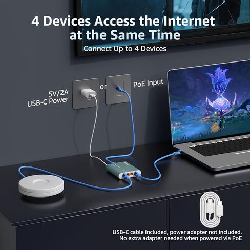 2.5G Ethernet Splitter 1 to 4 with PoE Input, 2.5G High Speed RJ45 Internet Splitter with Aluminum Case, VLAN Port Isolation, PoE/USB-C Powered, USB-C Cable Included, 2.5G Network Splitter for Router in Saudi Arabia