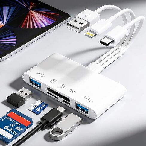 قارئ بطاقات SD 3 في 1 لأجهزة iPhone 17 16 15 14 13، ومحول USB-C وLightning إلى SD/TF مع منفذ شحن، وعارض بطاقة ذاكرة موصل مزدوج لأجهزة iPad وAndroid والكاميرا وTrail Cam والتوصيل والتشغيل in Saudi Arabia