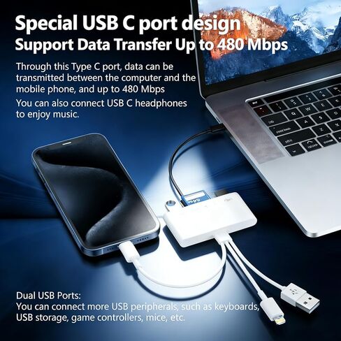 قارئ بطاقات SD 3 في 1 لأجهزة iPhone 17 16 15 14 13، ومحول USB-C وLightning إلى SD/TF مع منفذ شحن، وعارض بطاقة ذاكرة موصل مزدوج لأجهزة iPad وAndroid والكاميرا وTrail Cam والتوصيل والتشغيل in Saudi Arabia