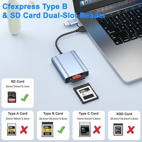 قارئ بطاقة CFexpress Type B وSD، USB-C 3.2 Gen 2 سرعة نقل 10 جيجابت في الثانية، USB-C وUSB-A 2 في 1 CFExpress Type B Reader محول سبائك الألومنيوم متوافق مع Windows/Mac/Linux/Android in Kuwait