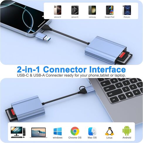 قارئ بطاقة CFexpress Type B وSD، USB-C 3.2 Gen 2 سرعة نقل 10 جيجابت في الثانية، USB-C وUSB-A 2 في 1 CFExpress Type B Reader محول سبائك الألومنيوم متوافق مع Windows/Mac/Linux/Android in Kuwait