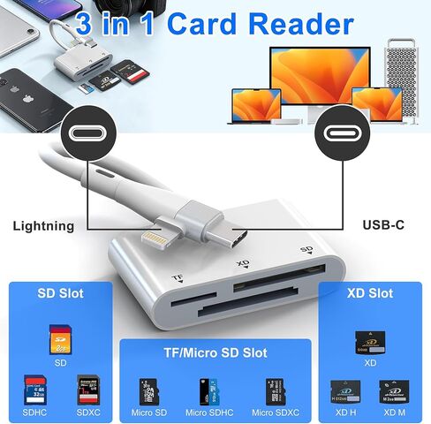 XD Card Reader for Lightning/USB C, 3 in 1 SD Card Reader, XD/SD/TF XD Picture Card Reader for iPhone 17/16/15/14/Macbook/Android/PC/Computer/Laptop, Plug & Play in Saudi Arabia
