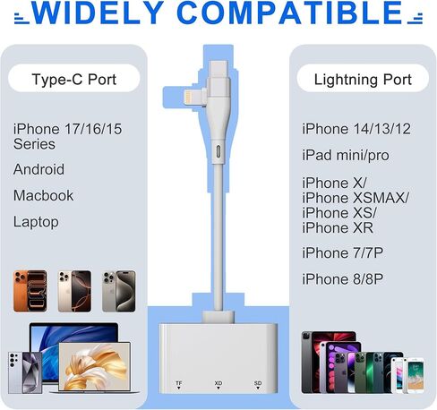 XD Card Reader for Lightning/USB C, 3 in 1 SD Card Reader, XD/SD/TF XD Picture Card Reader for iPhone 17/16/15/14/Macbook/Android/PC/Computer/Laptop, Plug & Play in Saudi Arabia