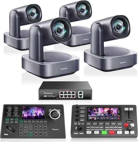 Tenveo 4K PTZ Camera Bundle/Kit - 4-Pack 12X Optical Zoom AI Cameras (LAN/HDMI/USB3.0), 5-inch Screen NDI Joystick Controller, 4K HDMI SDI Video Switcher and 8-Port PoE Switch in Saudi Arabia