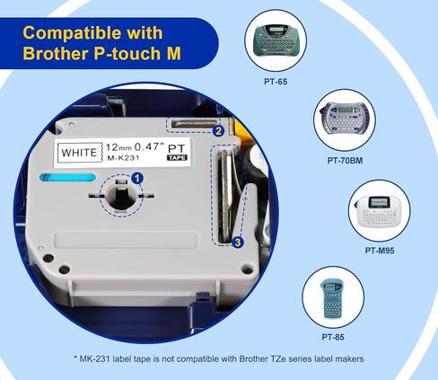 P PUTY M-K231 متوافق مع شريط Brother P-Touch Label Tape M لشريط Brother M-K231s 12 مم 0.47 أبيض MK231 M231 M-K231 للأخ PTouch PT-65 PT-M95 PT-90 PT-70 PT-80، 6 عبوات in Kuwait
