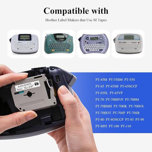 JOJOME 5 عبوات M-K231 M شريط متوافق 12 مم 0.47 شريط لاصق أبيض بديل لـ Brother P-Touch M231 MK231 M-231 M-K231S يعمل مع Brother Ptouch PT-65 PT-M95 PT-90 PT-70 PT-80 صانع الملصقات in Kuwait