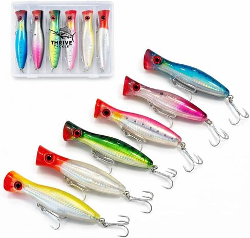 6-Piece Large Topwater Popper Fishing Lures with Tackle Box – Saltwater & Freshwater Surface Poppers for Surf Casting (5in) | Thrive Tackle in Saudi Arabia