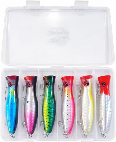 6-Piece Large Topwater Popper Fishing Lures with Tackle Box – Saltwater & Freshwater Surface Poppers for Surf Casting (5in) | Thrive Tackle in Saudi Arabia