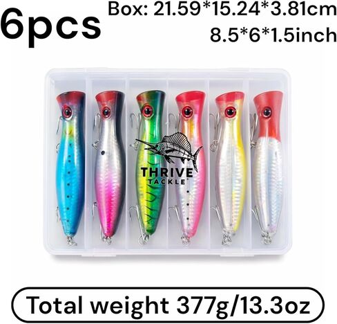 6-Piece Large Topwater Popper Fishing Lures with Tackle Box – Saltwater & Freshwater Surface Poppers for Surf Casting (5in) | Thrive Tackle in Saudi Arabia
