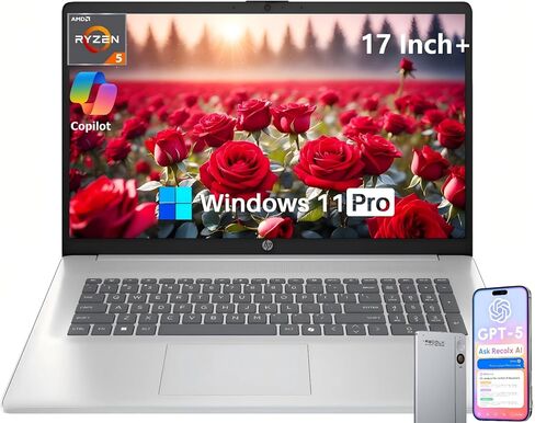 كمبيوتر محمول HP 17 بوصة، شاشة FHD IPS مقاس 17.3 بوصة، AMD Ryzen 5 7430U (حتى 4.5 جيجا هرتز)، ذاكرة الوصول العشوائي 20 جيجا، 512 جيجا SSD، Wi-Fi 6، بلوتوث 5.4، Windows 11 Pro، مفتاح Copilot AI، لوحة مفاتيح رقمية، مع مسجل صوت RECOLX AI in Saudi Arabia