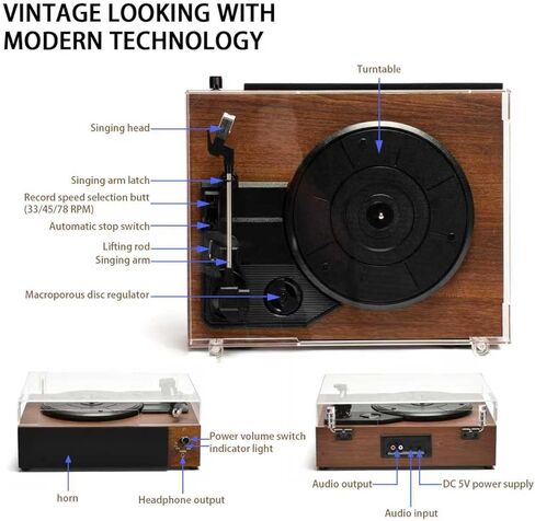 Portable Bluetooth Vinyl Record Player Turntable with Built-in Speakers, Rechargeable, Multiple Speeds (33/45/78 RPM) – Retro Vintage Design for Home & Gifts in Saudi Arabia