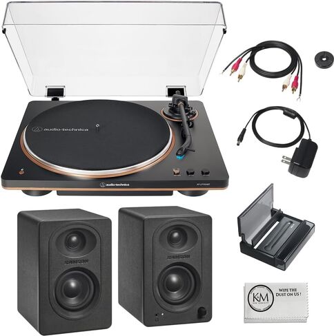 Audio-Technica AT-LP70XBT Automatic Belt-Drive Turntable with Bluetooth | Black and Silver Bundled with 3" Monitors with Bluetooth | Pair + Record Cleaning Tool & Record Cover Stand + Cloth (4 Items) in Saudi Arabia
