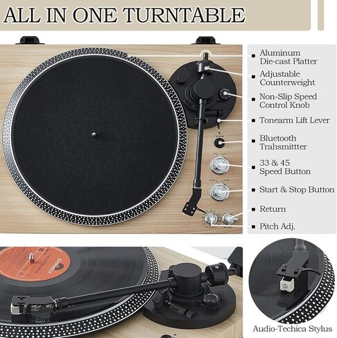 Fully Automatic Belt-Drive Turntable with Premium Cartridge,Hi-Fi,Carbon Fibre Arm,2 Speed, Dust Cover, Anti-Resonance,Adjustable Counterweight,Wood in Saudi Arabia