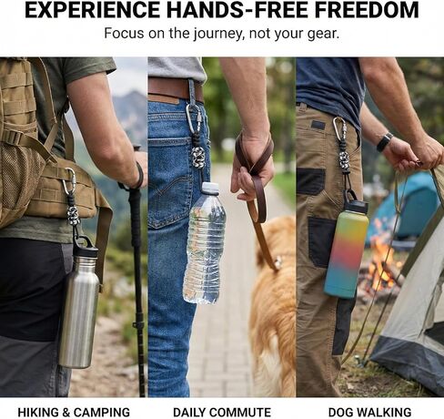 2-Pack Paracord Water Bottle Carrier with Locking Carabiner, Anti-Lost Hands-Free Holder Clip for Hiking & Walking, Tactical Strap Fits Standard 16.9oz Plastic Bottles (Black & White) in Saudi Arabia