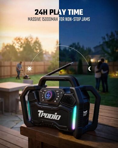Rugged Jobsite Bluetooth Speaker – 160W Peak, 120dB Loud, FM Radio, IPX6 Waterproof | 24H Battery, 28W PD Fast Charge 2.5H, Heavy Duty Portable TWS Stereo for Outdoor, Garage, Tailgating in Saudi Arabia