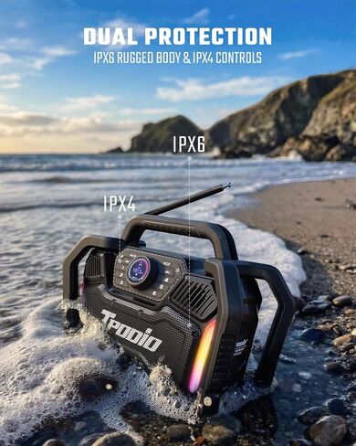 Rugged Jobsite Bluetooth Speaker – 160W Peak, 120dB Loud, FM Radio, IPX6 Waterproof | 24H Battery, 28W PD Fast Charge 2.5H, Heavy Duty Portable TWS Stereo for Outdoor, Garage, Tailgating in Saudi Arabia