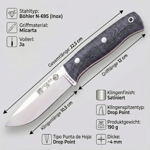 سكين Joker Bushcraft الرياضي Lynx 111، شفرة 4.13 بوصة من Böhler N695، متوفر في خيارات مختلفة للحالة والمقبض، أداة لصيد الأسماك والصيد والتخييم والمشي لمسافات طويلة (قماش Micarta، Kydex Sheath + FireStarter) in Kuwait
