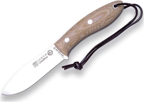 سكين Joker Bushcraft Canadiense CM114-P، مقبض بني من قماش Micarta، شفرة 4.13 بوصة من SANDVIK 14C28N، غمد من الجلد البني وبادئ الحريق، أداة لصيد الأسماك والصيد والتخييم والمشي لمسافات طويلة in Kuwait