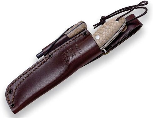 سكين Joker Bushcraft Canadiense CM114-P، مقبض بني من قماش Micarta، شفرة 4.13 بوصة من SANDVIK 14C28N، غمد من الجلد البني وبادئ الحريق، أداة لصيد الأسماك والصيد والتخييم والمشي لمسافات طويلة in Kuwait