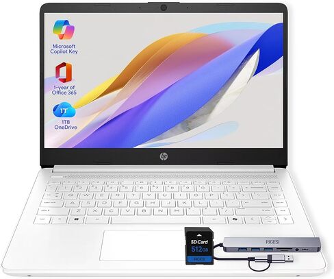 HP 14" Laptop · 576GB Storage · Microsoft 365 Included · 64GB + 512GB SD · 8GB RAM · HD Display · 12-Hour Battery · WiFi · Bluetooth · Windows 11 White in Saudi Arabia