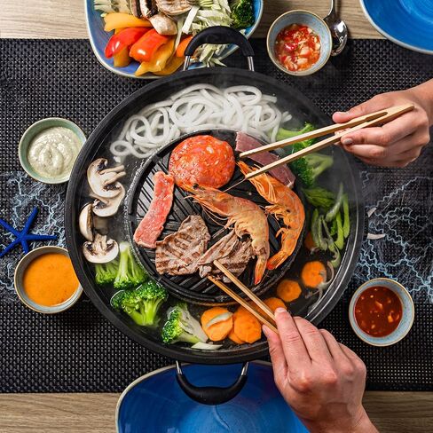 TomYang Korean Bbq Grill Pan, 13 inch, Camping Pan, Stove Top Non-stick Coating, More than 100 Recipe Videos, KBBQ pan, 4 x Bamboo tongs, Dishwasher, Grill Pan, Korean food in Saudi Arabia