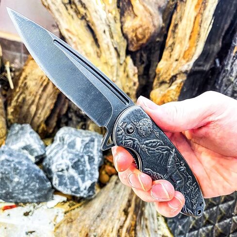 سكين جيب قابل للطي بنمط الذئب من MADSABRE، قفل بطانة بمقبض فولاذي مغسول بالحجر مع مشبك أداة EDC للتخييم والصيد في الهواء الطلق in Kuwait