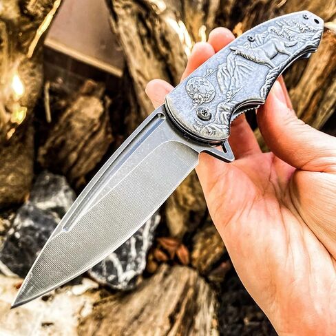 سكين جيب قابل للطي بنمط الذئب من MADSABRE، قفل بطانة بمقبض فولاذي مغسول بالحجر مع مشبك أداة EDC للتخييم والصيد في الهواء الطلق in Kuwait