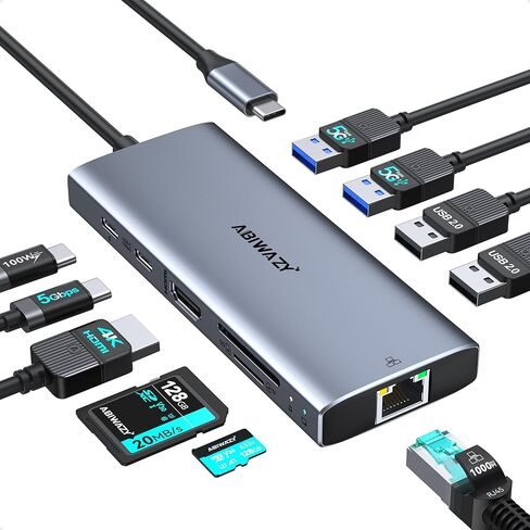 محول USB C Hub متعدد المنافذ، محول ABIWAZY 10 في 1 USBC إلى إيثرنت مع 4K HDMI، جيجابت إيثرنت، 100 واط PD، منفذ بيانات USB-C وفتحة SD/TF لأجهزة MacBook Pro/Air، Dell XPS، iPad Pro in Saudi Arabia