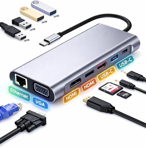 USB-C Hub 11-in-1 Multiport Docking Station with 4K HDMI, VGA, Ethernet, 100W PD, USB 3.0, SD/TF Card Reader & Audio Jack – USB-C Adapter for Laptop, MacBook, Windows & Chromebook in Saudi Arabia