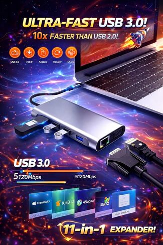 USB-C Hub 11-in-1 Multiport Docking Station with 4K HDMI, VGA, Ethernet, 100W PD, USB 3.0, SD/TF Card Reader & Audio Jack – USB-C Adapter for Laptop, MacBook, Windows & Chromebook in Saudi Arabia