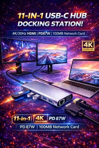 USB-C Hub 11-in-1 Multiport Docking Station with 4K HDMI, VGA, Ethernet, 100W PD, USB 3.0, SD/TF Card Reader & Audio Jack – USB-C Adapter for Laptop, MacBook, Windows & Chromebook in Saudi Arabia