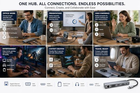 USB-C Hub 11-in-1 Multiport Docking Station with 4K HDMI, VGA, Ethernet, 100W PD, USB 3.0, SD/TF Card Reader & Audio Jack – USB-C Adapter for Laptop, MacBook, Windows & Chromebook in Saudi Arabia