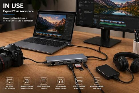 USB-C Hub 11-in-1 Multiport Docking Station with 4K HDMI, VGA, Ethernet, 100W PD, USB 3.0, SD/TF Card Reader & Audio Jack – USB-C Adapter for Laptop, MacBook, Windows & Chromebook in Saudi Arabia