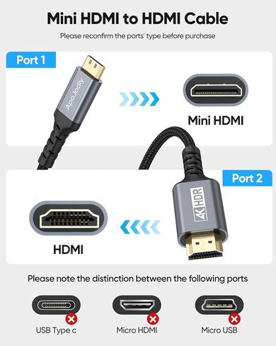 Mini HDMI to HDMI Cable 6FT, High Speed HDMI to Mini HDMI Cable for Portable Monitor 4K@60Hz HDMI Mini 2.0 Cord 2K,1080P, HDR Compatible with Camera, Camcorder, Laptop, HDTV, Graphics in Kuwait