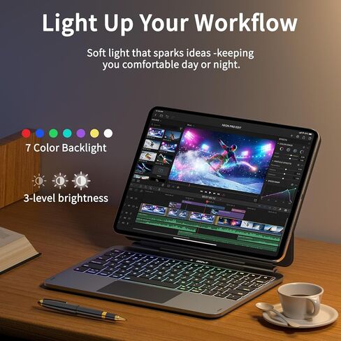 حافظة لوحة مفاتيح مغناطيسية من LAUDTEC لجهاز iPad Pro مقاس 11 بوصة (M5 2025 / M4 2024)، غطاء جلدي رفيع ملمس الجلد مع شاشة طاقة LCD ذكية، لوحة تتبع متعددة اللمس وإضاءة خلفية 7 ألوان، أسود in Kuwait