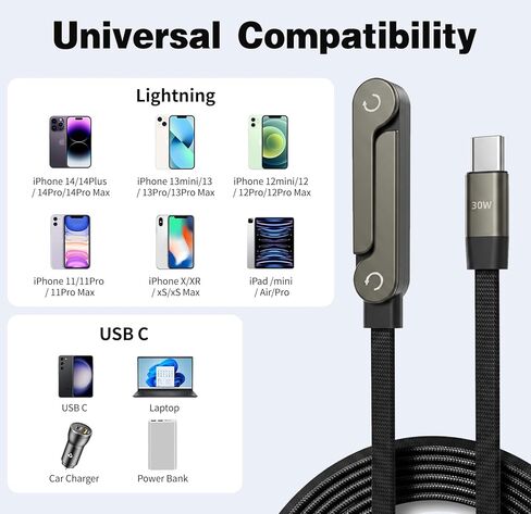 USB C to Lightning 2 in 1 Invisible Holder Charger Cable, MFi Certified 30W PD Fast Charging Cord with Built-in Stand, 90 Degree T-Shaped Flat Braided Sideways Cable for iPhone 14 13 12 11 Pro, iPad in Saudi Arabia
