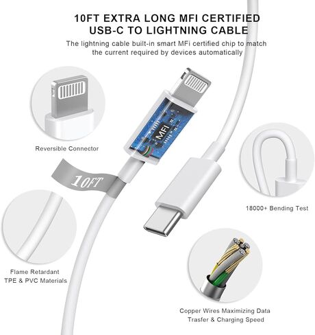 شاحن iPhone سريع، [معتمد من Apple MFi] كتلة شاحن حائط USB C بقدرة 20 واط PD مع كابل مزامنة بيانات طويل جدًا بطول 10 أقدام من النوع C إلى Lightning متوافق مع iPhone 14 13 12 11 XS XR X 8 iPad in Saudi Arabia