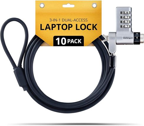 StarTech 10-Pack 3-in-1 Dual-Access Laptop Lock, 6.6ft (2m) Keyed Alike/Combination for Noble Wedge/Nano/K-Slot; TAA in Saudi Arabia