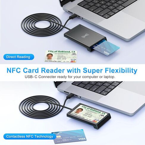 قارئ بطاقات ذكية USB C مع NFC، قارئ CAC، قارئ بطاقات بنك الوصول المشترك لبطاقة الهوية العسكرية DOD المشتركة 2 في 1 اتصال وبدون تلامس متوافق مع نظام التشغيل Mac OS وWindows 10/11 وMac OS وAndroid وLinux - 95 سم in Kuwait