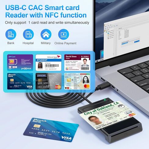 قارئ بطاقات ذكية USB C مع NFC، قارئ CAC، قارئ بطاقات بنك الوصول المشترك لبطاقة الهوية العسكرية DOD المشتركة 2 في 1 اتصال وبدون تلامس متوافق مع نظام التشغيل Mac OS وWindows 10/11 وMac OS وAndroid وLinux - 95 سم in Kuwait