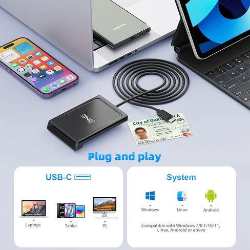 قارئ بطاقات ذكية USB C مع NFC، قارئ CAC، قارئ بطاقات بنك الوصول المشترك لبطاقة الهوية العسكرية DOD المشتركة 2 في 1 اتصال وبدون تلامس متوافق مع نظام التشغيل Mac OS وWindows 10/11 وMac OS وAndroid وLinux - 95 سم in Kuwait