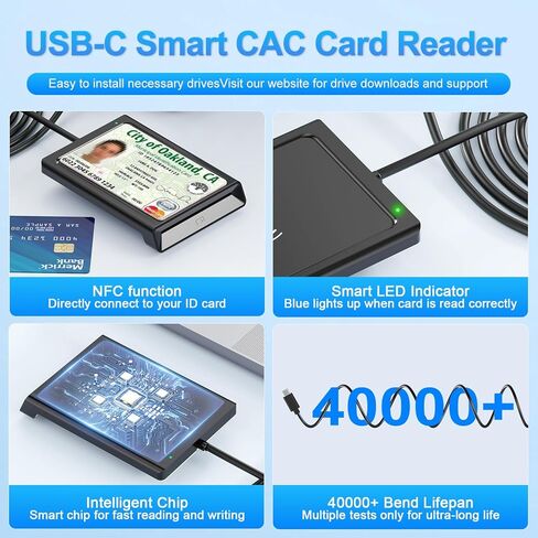 قارئ بطاقات ذكية USB C مع NFC، قارئ CAC، قارئ بطاقات بنك الوصول المشترك لبطاقة الهوية العسكرية DOD المشتركة 2 في 1 اتصال وبدون تلامس متوافق مع نظام التشغيل Mac OS وWindows 10/11 وMac OS وAndroid وLinux - 95 سم in Kuwait