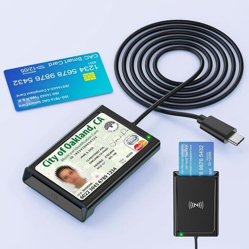 قارئ بطاقات ذكية USB C مع NFC، قارئ CAC، قارئ بطاقات بنك الوصول المشترك لبطاقة الهوية العسكرية DOD المشتركة 2 في 1 اتصال وبدون تلامس متوافق مع نظام التشغيل Mac OS وWindows 10/11 وMac OS وAndroid وLinux - 95 سم in Kuwait